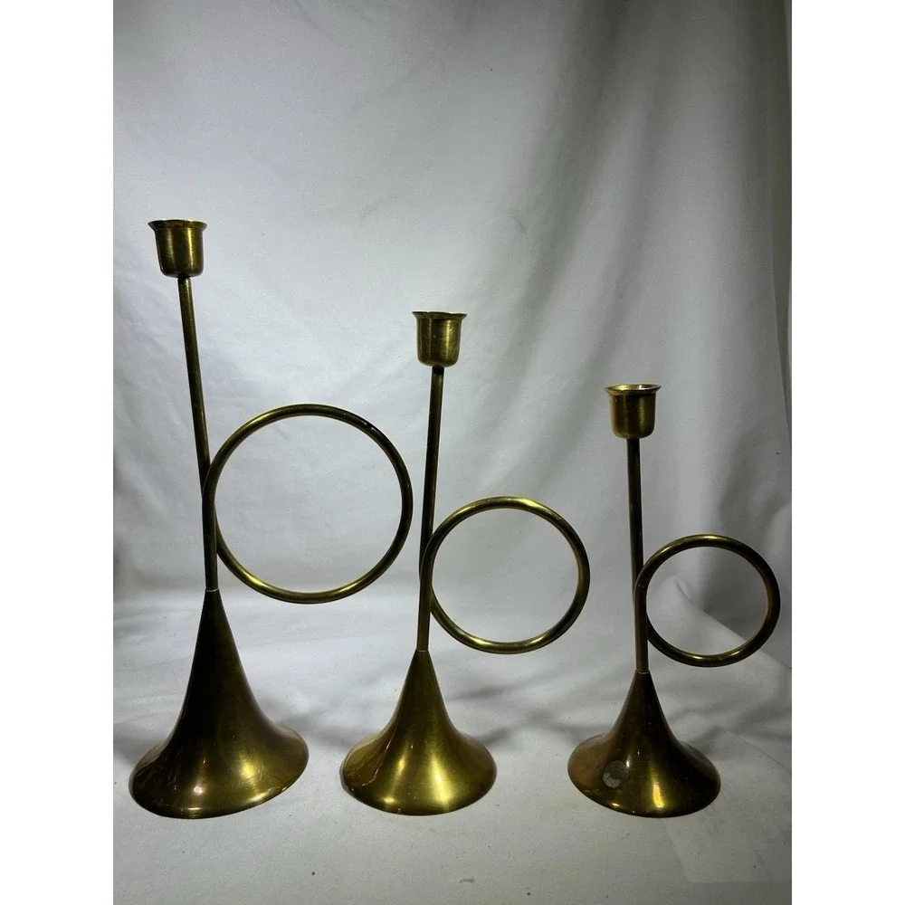Vintage Brass CandleStick Holder French Horn Bugle Christmas Decor Set of 3 MCM